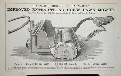 Verbeterde Extra-Sterke Paardengrasmaaier, illustratie uit een tuincatalogus, gepubliceerd door Barnard Bishop & Barnard