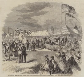 Inhuldiging van de nationale schietwedstrijd, de koningin ontvangt het adres van de National Rifle Association (gravure)