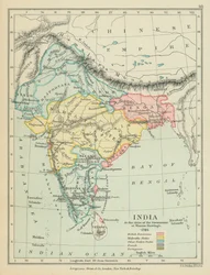 India aan het eind van de regering van Warren Hastings (kleurenlitho)