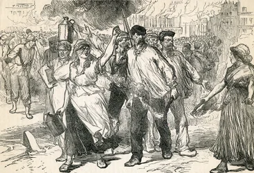 Opstandelingen die de straten van Parijs verwoesten, genomen uit Cassells geïllustreerde geschiedenis, 1872