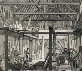 Interieur van John Bunyans Meeting House in Zoar Street, Gravel Lane, Southwark, gebruikt als werkplaats en zagerij