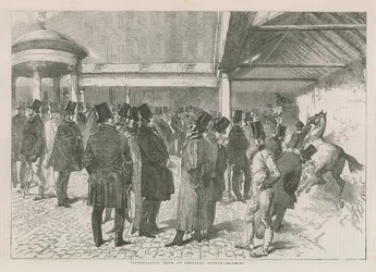 Interieur van veilinghuis Tattersalls (gravure)