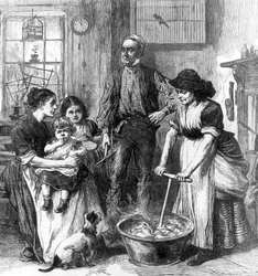 Interieur van een mijnwerkershuisje (gravure)