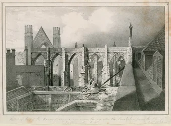 Interieur uitzicht van de Huizen van Lords en Commons de dag na de brand genomen vanaf de top van Westminster Hall