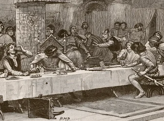 Onderbreking van Balliols kerstdiner, illustratie uit Cassells Geïllustreerde Geschiedenis van Engeland
