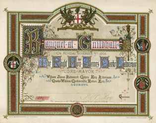 Uitnodiging voor een banket in de Guildhall, Londen, op 9 november 1868