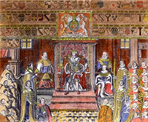 Jacob I van Engeland (1566-1625) aan het hof (later ingekleurd)