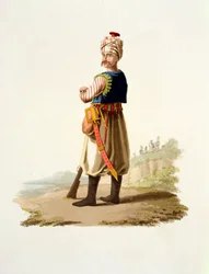 Janitsaar, uit Kostuums van de verschillende naties, deel VII, De militaire kleding van Turkije, door Thomas MacLean, gepubliceerd ca. 1800-18