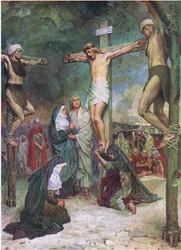 Jezus aan het kruis, uit Het Bijbel Prentenboek uitgegeven door Thomas Nelson, c.1950 (kleur litho)