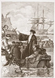 John Alasco en zijn gemeente verlaten Engeland, illustratie uit De Geschiedenis van het Protestantisme door James Aitken Wylie, 1878