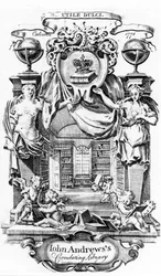 Boekplaat van John Andrews Circulating Library door Joseph Shepperd, uitgegeven in Calcutta, 1774