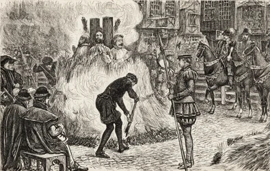 John Bland, John Frankesh, Nicholas Sheterden en Humphrey Middleton levend verbrand wegens ketterij in de 16e eeuw, c.1865 (houtsnede)