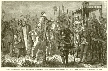 Zoon van John Hunyadi, Matthias Corvinus, en George Podiebrad in het kamp voor Spielberg in 1468