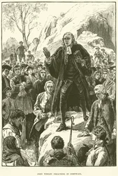John Wesley, predikend in Cornwall (gravure)