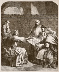 John die weigert de artikelen van de baronnen te ondertekenen, illustratie uit Cassells Illustrated History of England