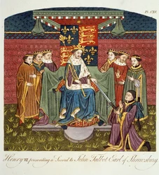 Koning Hendrik VI (1421-71) die een zwaard overhandigt aan John Talbot (ca. 1388-1453) Graaf van Shrewsbury, illustratie uit The Complete View of the Dress and Habits of the People of England Volume II, gepubliceerd 1799