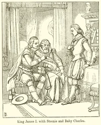 Koning James I met Steenie en Baby Charles