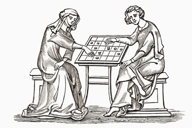 Dame en jongeman die dammen spelen, of dammen, in het begin van de 14e eeuw, uit 