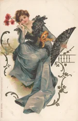 Dame met waaier en bloemen