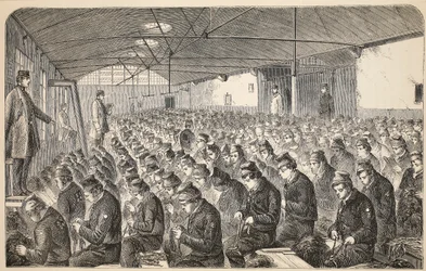 Grote Oakum-kamer (onder het Silent System) in het Middlesex House of Correction, Coldbath Fields, illustratie uit The Criminal Prisons of London and Scenes from Prison Life door Henry Mayhew en John Binny, uitgegeven in 1862