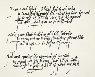 Laatste tien regels van Sir Philip Sidneys Astrophel sonnet die beschrijven hoe hij geleidelijk, en te laat, zijn eigen gevoelens over Stella realiseerde