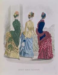 Laatste Parijse Mode, drie dagjurken in een modeplaat van The Queen, mei 1885