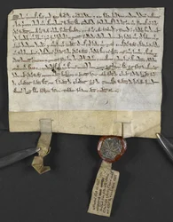 Latijnse akte met Hebreeuwse quitclaim (gehecht aan zegel), door Jacob ben Aaron die een stuk land vrijgeeft aan William le Briel. Engeland