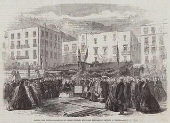 Het leggen van de eerste steen van de Christ Church, de eerste protestantse kerk in Napels