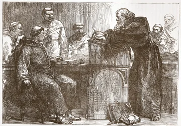 Lefevre geeft les aan de Sorbonne, illustratie uit De Geschiedenis van het Protestantisme door James Aitken Wylie, gepubliceerd in 1878