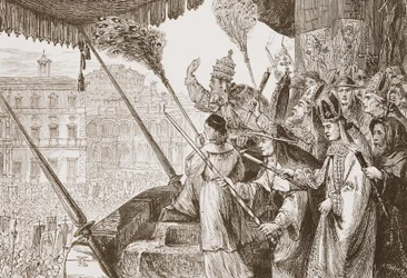 Leo X die de bul van de heren staal uitspreekt, illustratie uit The History of Protestantism door James Aitken Wylie (1808-1890), gepubliceerd 1878