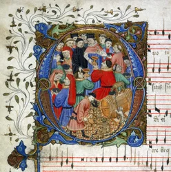 Brief van een middeleeuws drinklied uit het Windsor Carol Book, ca. 1440 (miniatuur)