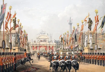 London Bridge, bewaakt door de Honourable Artillery Company of London, uit Een gedenkteken van het huwelijk van Edward VII en Alexandra van Denemarken, uitgegeven 1864