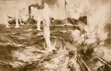 Londense kolenschip Wandle vecht succesvol tegen een Duitse onderzeeër in de Noordzee op 29 april 1916