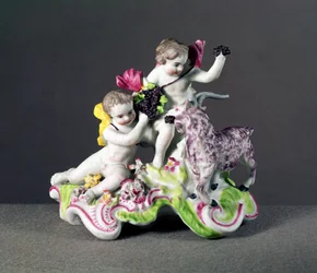 Longton Hall groep, twee putti met geit, ca. 1755
