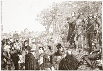 Lord Cobham bij een Lollard Preek, illustratie uit De Geschiedenis van het Protestantisme door James Aitken Wylie, 1878