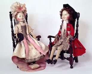 Lord en Lady Clapham, houten poppen gemaakt in de William en Mary periode, laat 17e eeuw, c.1680s