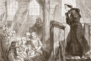 Luther predikend in de oude houten kerk in Wittenberg, illustratie uit The History of Protestantism door James Aitken Wylie (1808-1890), gepubliceerd 1878