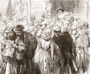 Luthers pamflet: scène in de drukkerij, illustratie uit The History of Protestantism door James Aitken Wylie (1808-1890), gepubliceerd 1878