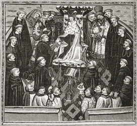 Lydgate presenteert zijn boek aan koning Hendrik V, uit 