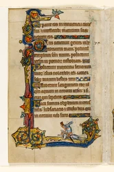 MS 1-2005, fol. 115v: Een konijn dat op een hond rijdt, jacht, marginaal decor uit de Macclesfield Psalter, Gebruik van Sarum, Oost-Anglia, c.1330