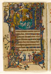 De aankondiging aan de herders, gehistorieerde initiaal uit de Macclesfield Psalter, Gebruik van Sarum, Oost-Anglia, ca. 1330