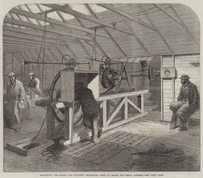 Machines voor het aan boord nemen van de Atlantische telegraafkabel op de Great Eastern (gravure)