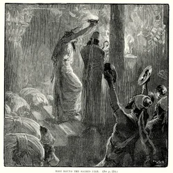 Wijzen rond het heilige vuur (gravure)