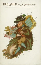 Man, kind en een varken in de vorm van een kaart van Ierland (kleurenlitho)