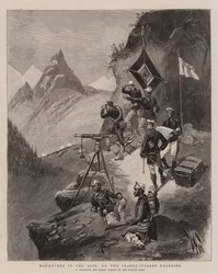 Manoeuvres in de Alpen, aan de Frans-Italiaanse grens (gravure)