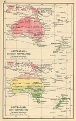 Kaart: Australazië, januari Temperatuur, juli Temperatuur (kleurenlitho)