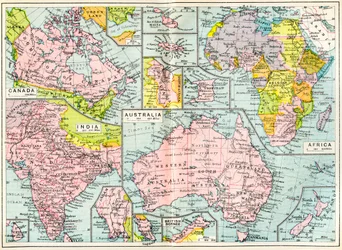 Kaart van Britse bezittingen in 1914 bij het uitbreken van WOI, uit The British Empire Universities Modern English Illustrated Dictionary, pub. 1914