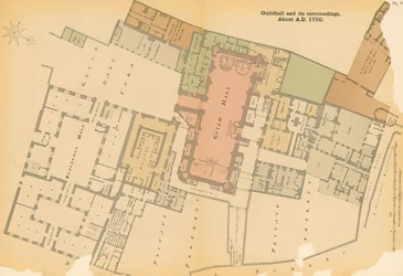 Kaart van Guildhall, Londen, en omgeving rond 1750