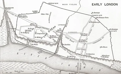 Kaart van Londen in de 11e eeuw, uit 