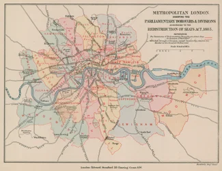 Kaart van Metropolitaan Londen met de Parlementaire Boroughs en Divisies, 1885